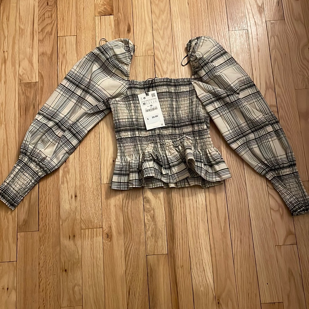 Zara smocked long sleeve plaid top